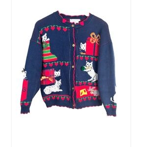 VTG 90s Christmas Cat Cardigan M Ugly Sweater Loft Mouse Cheese Embroidered 3D